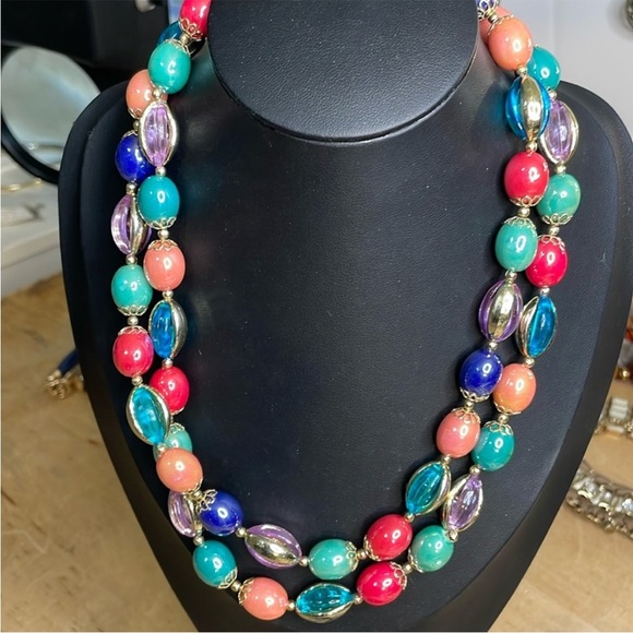 Pink and Blue Multi-Strand Necklace with Oval and Round Beads - Picture 2 of 4